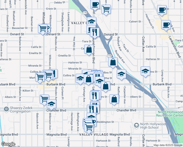 map of restaurants, bars, coffee shops, grocery stores, and more near 5626 Laurel Canyon Boulevard in Los Angeles