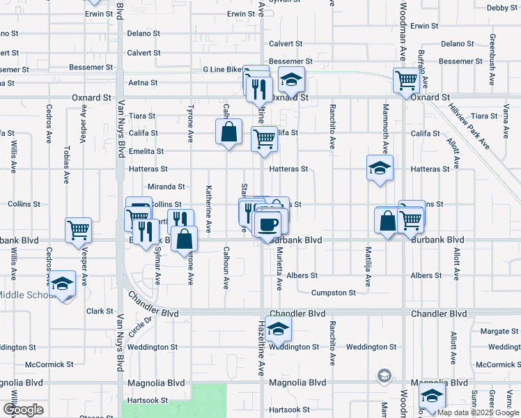 map of restaurants, bars, coffee shops, grocery stores, and more near 5624 Hazeltine Avenue in Los Angeles