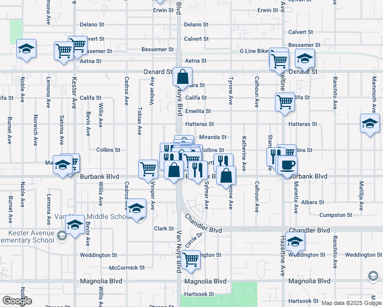 map of restaurants, bars, coffee shops, grocery stores, and more near 5633 Tilden Avenue in Los Angeles