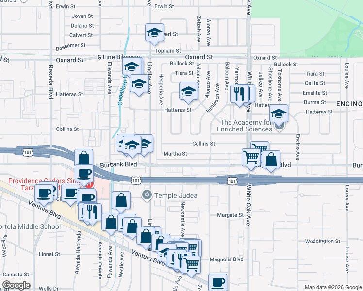 map of restaurants, bars, coffee shops, grocery stores, and more near 17958 Martha Street in Los Angeles
