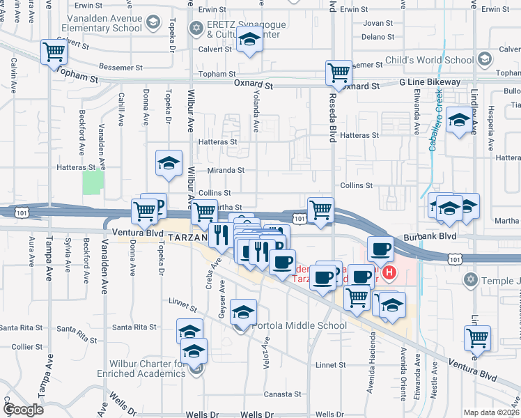 map of restaurants, bars, coffee shops, grocery stores, and more near 5620 Yolanda Avenue in Los Angeles