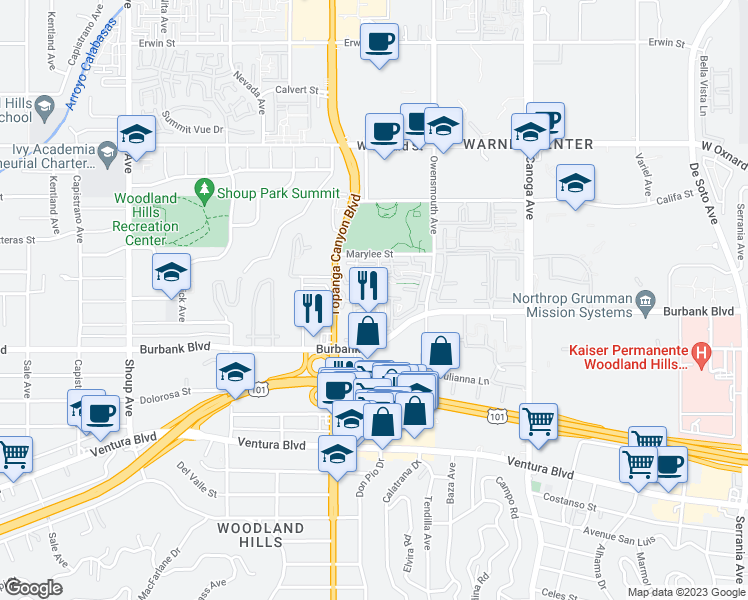 map of restaurants, bars, coffee shops, grocery stores, and more near 67 Burbank Boulevard in Los Angeles