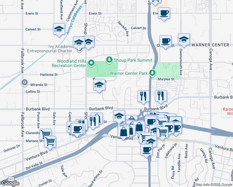 map of restaurants, bars, coffee shops, grocery stores, and more near 5631 Como Circle in Los Angeles