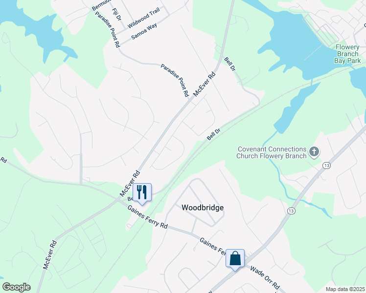 map of restaurants, bars, coffee shops, grocery stores, and more near 6482 Bell Drive in Flowery Branch