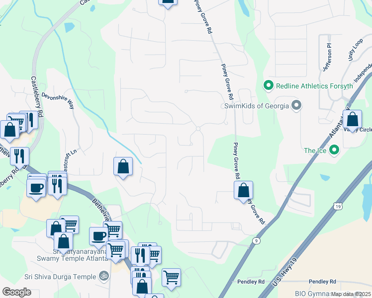 map of restaurants, bars, coffee shops, grocery stores, and more near 5645 Carrington Place in Cumming