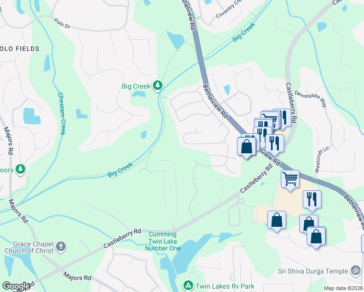 map of restaurants, bars, coffee shops, grocery stores, and more near 5945 Falls Landing Drive in Cumming