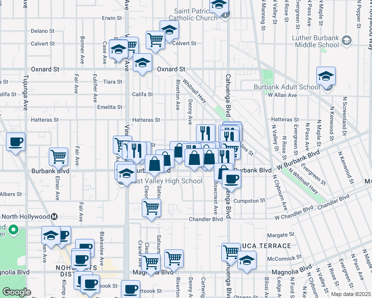 map of restaurants, bars, coffee shops, grocery stores, and more near 5651 Denny Avenue in Los Angeles