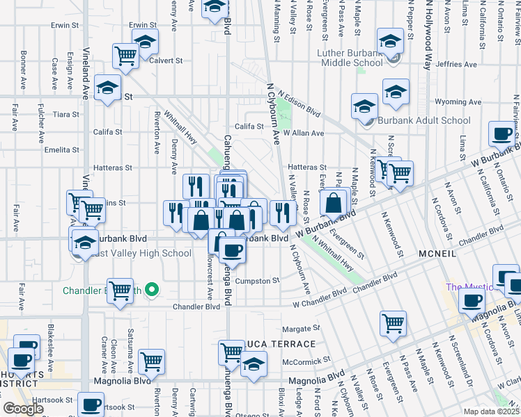 map of restaurants, bars, coffee shops, grocery stores, and more near 5622 Strohm Avenue in Los Angeles