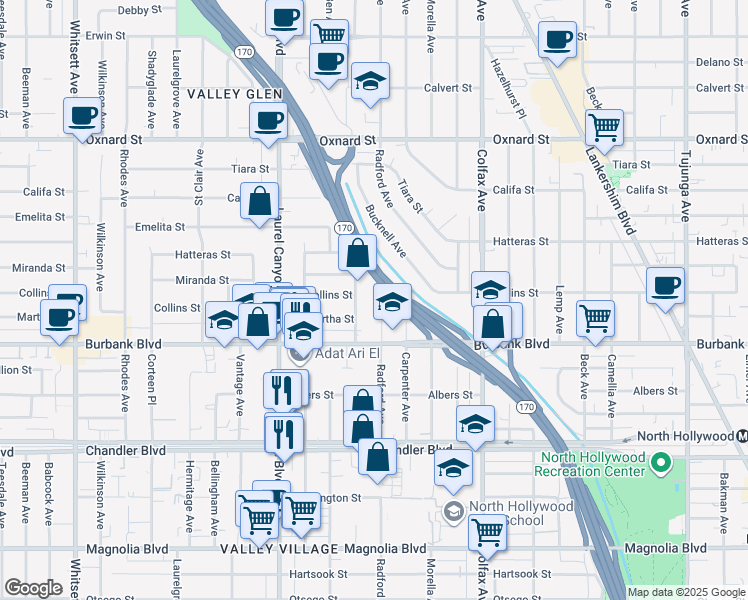 map of restaurants, bars, coffee shops, grocery stores, and more near 5651 Radford Avenue in Los Angeles