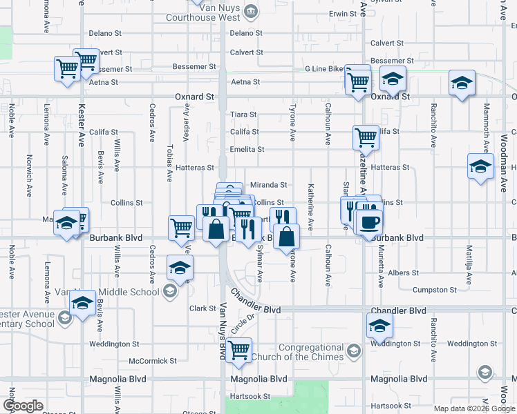 map of restaurants, bars, coffee shops, grocery stores, and more near 14362 Collins Street in Los Angeles