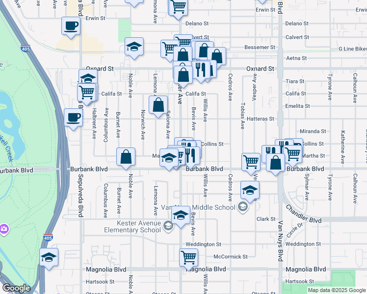 map of restaurants, bars, coffee shops, grocery stores, and more near 5631 Bevis Avenue in Los Angeles