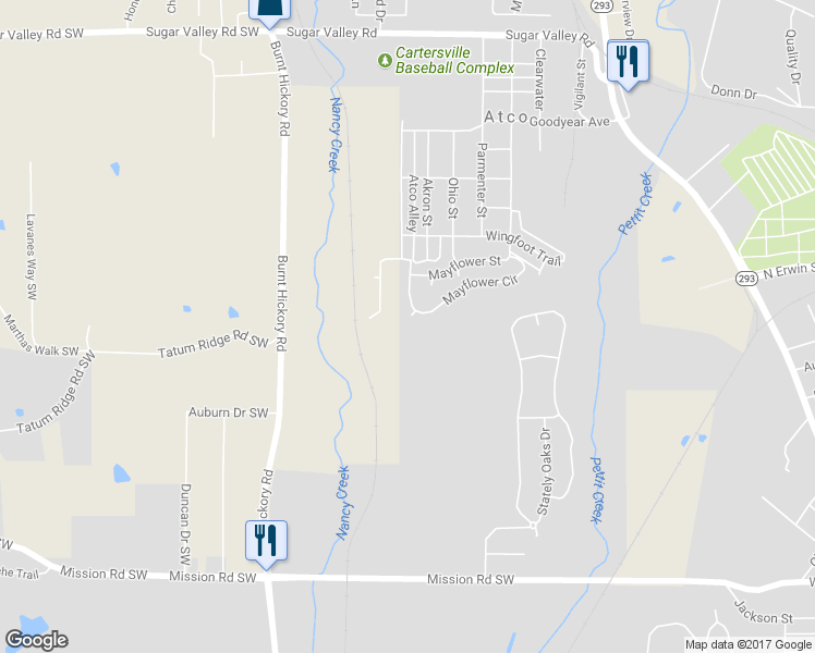map of restaurants, bars, coffee shops, grocery stores, and more near 7 Vista Court in Cartersville