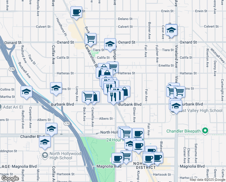 map of restaurants, bars, coffee shops, grocery stores, and more near 5635 Tujunga Avenue in Los Angeles