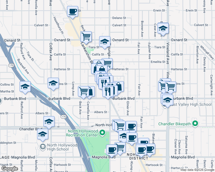 map of restaurants, bars, coffee shops, grocery stores, and more near 5635 Tujunga Avenue in Los Angeles