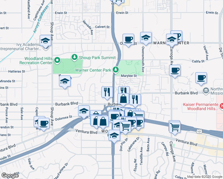 map of restaurants, bars, coffee shops, grocery stores, and more near 5701 Topanga Canyon Boulevard in Los Angeles