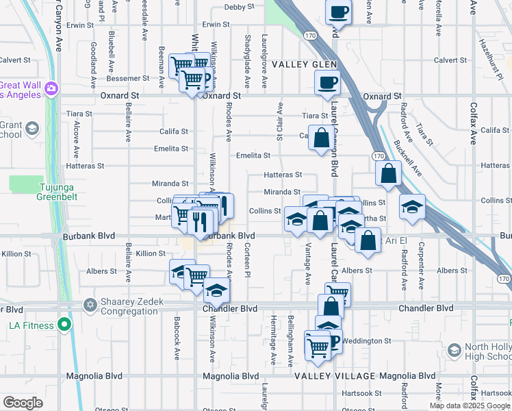 map of restaurants, bars, coffee shops, grocery stores, and more near 12317 Collins Street in Los Angeles