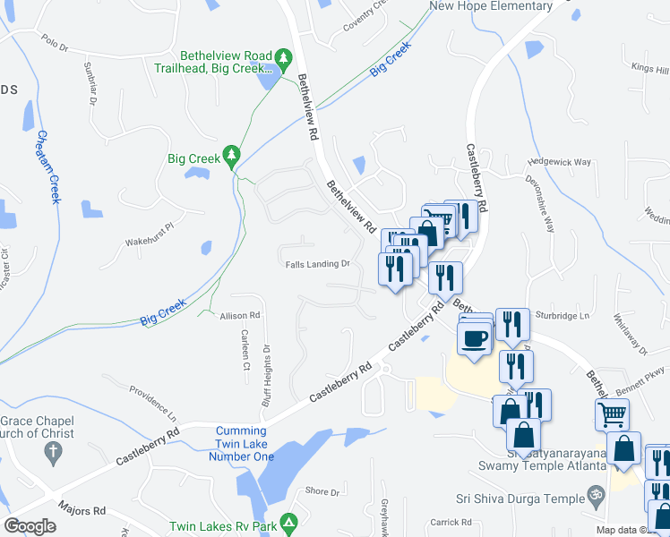map of restaurants, bars, coffee shops, grocery stores, and more near 5735 Falls Landing Drive in Cumming