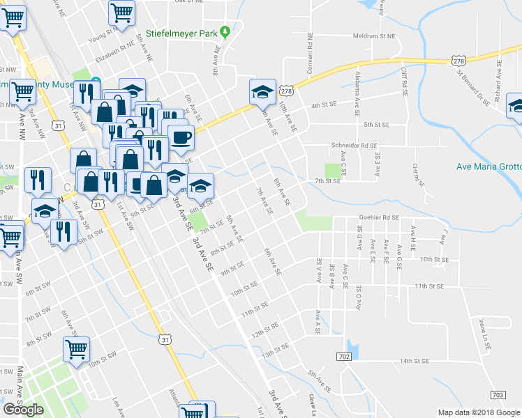 map of restaurants, bars, coffee shops, grocery stores, and more near 610 7th Street Southeast in Cullman