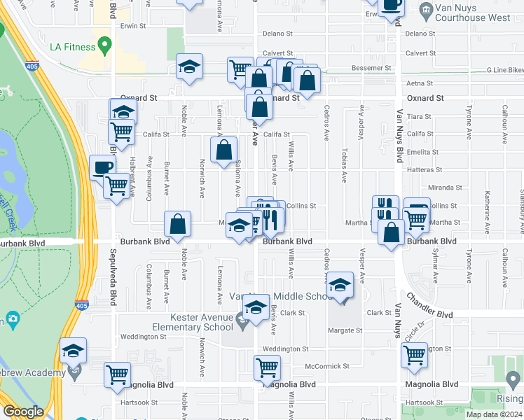 map of restaurants, bars, coffee shops, grocery stores, and more near 5654 Kester Avenue in Los Angeles
