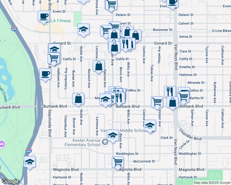 map of restaurants, bars, coffee shops, grocery stores, and more near 5654 Kester Avenue in Los Angeles