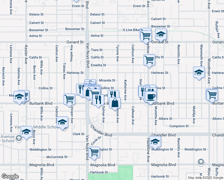 map of restaurants, bars, coffee shops, grocery stores, and more near 14322 Collins Street in Los Angeles