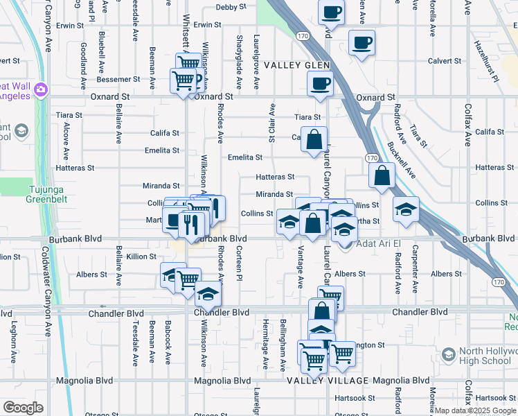 map of restaurants, bars, coffee shops, grocery stores, and more near 12259 Collins Street in Los Angeles