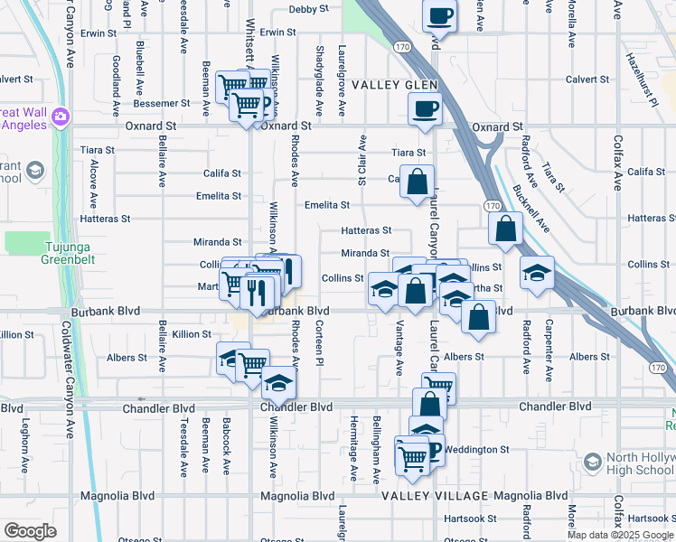 map of restaurants, bars, coffee shops, grocery stores, and more near 12307 Collins Street in Los Angeles