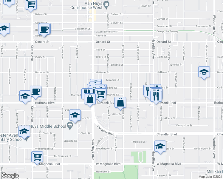 map of restaurants, bars, coffee shops, grocery stores, and more near 14348 Collins Street in Los Angeles