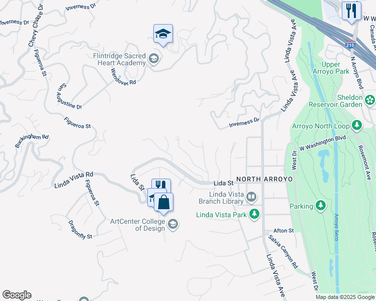 map of restaurants, bars, coffee shops, grocery stores, and more near 1550 Scenic Drive in Pasadena