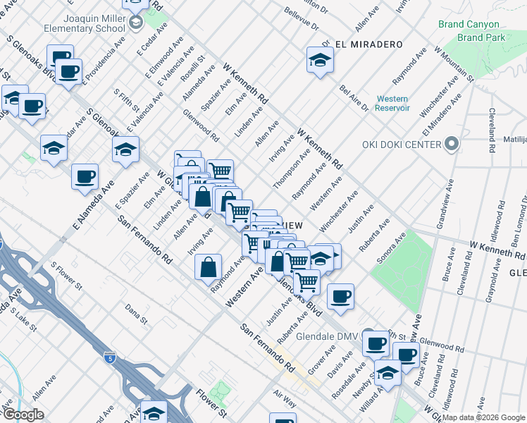 map of restaurants, bars, coffee shops, grocery stores, and more near 1148 Thompson Avenue in Glendale