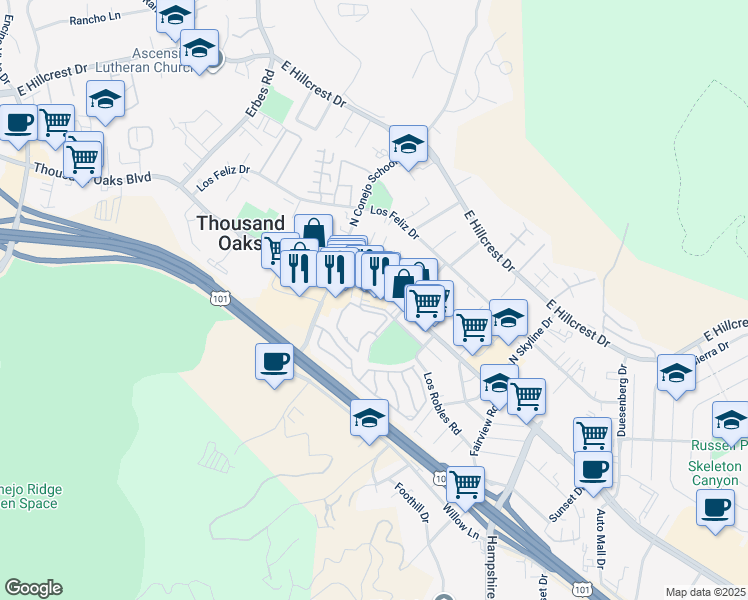 map of restaurants, bars, coffee shops, grocery stores, and more near 2410 East Thousand Oaks Boulevard in Thousand Oaks