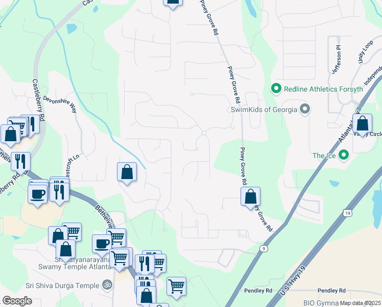 map of restaurants, bars, coffee shops, grocery stores, and more near 5645 Carrington Place in Cumming