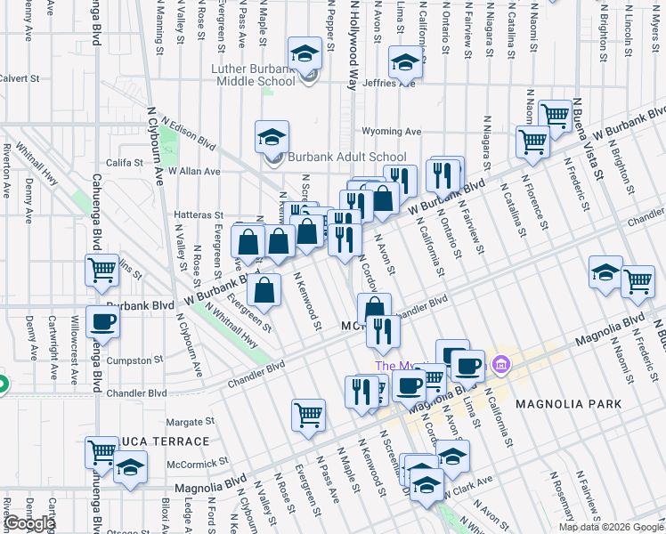 map of restaurants, bars, coffee shops, grocery stores, and more near 1327 North Edison Boulevard in Burbank