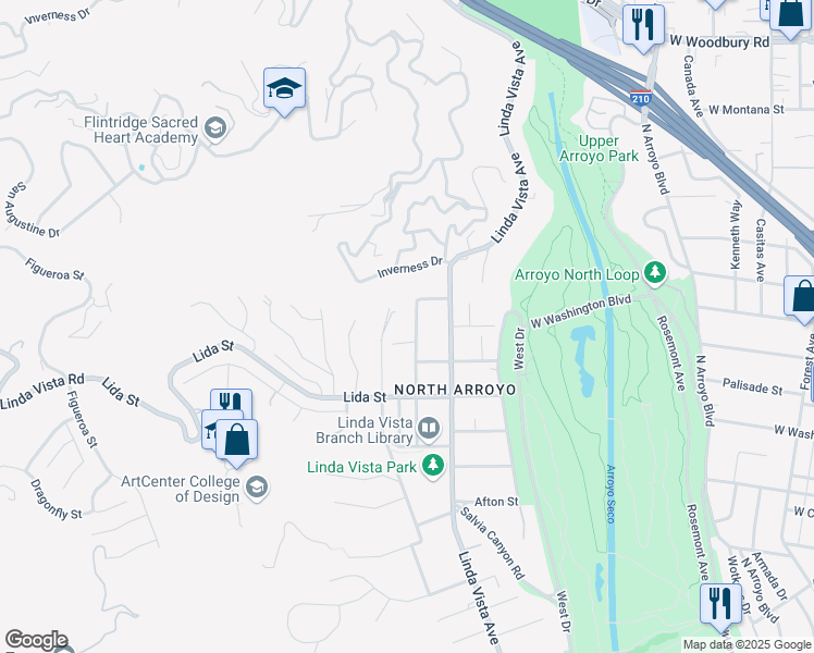 map of restaurants, bars, coffee shops, grocery stores, and more near 1535 Ontario Avenue in Pasadena