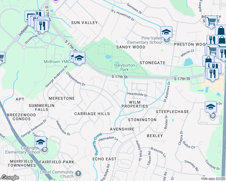 map of restaurants, bars, coffee shops, grocery stores, and more near 3918 Mayfield Court in Wilmington