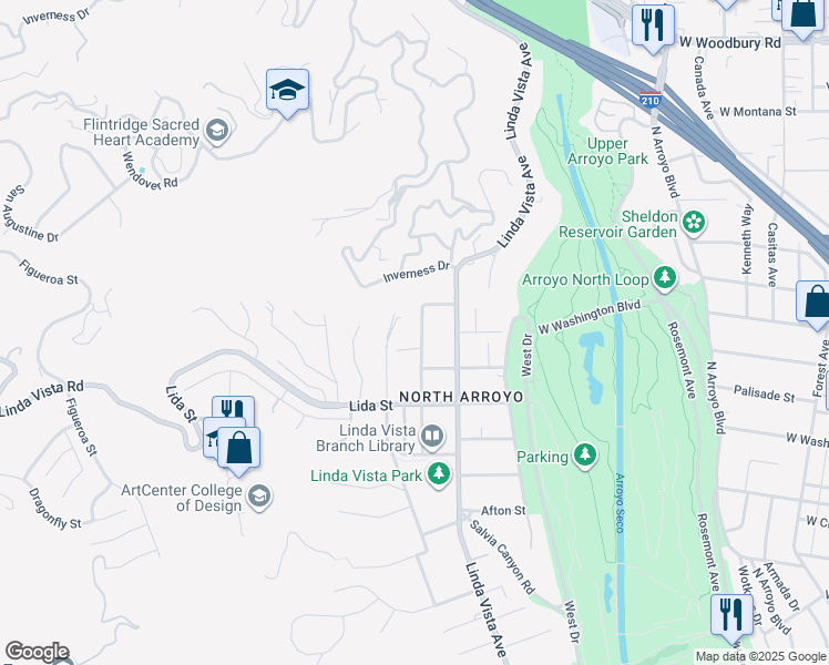 map of restaurants, bars, coffee shops, grocery stores, and more near 1535 Ontario Avenue in Pasadena