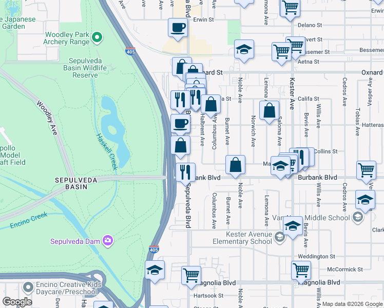 map of restaurants, bars, coffee shops, grocery stores, and more near 5720 Sepulveda Boulevard in Los Angeles