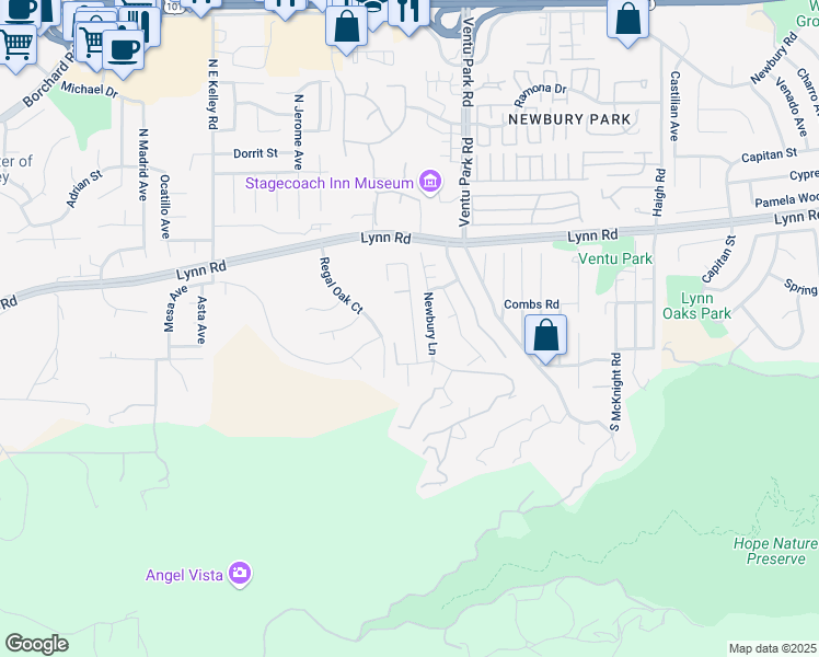 map of restaurants, bars, coffee shops, grocery stores, and more near 185 Timber Road in Thousand Oaks
