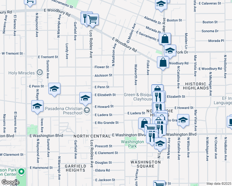 map of restaurants, bars, coffee shops, grocery stores, and more near 595 East Elizabeth Street in Pasadena