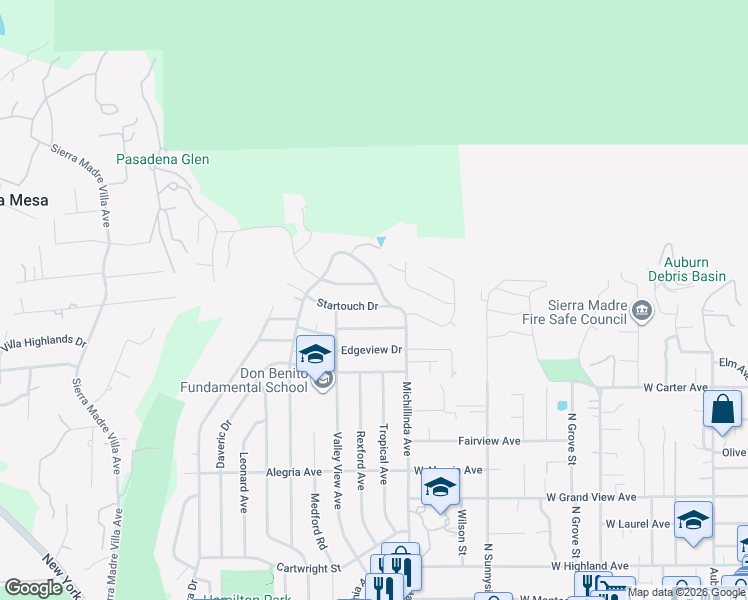 map of restaurants, bars, coffee shops, grocery stores, and more near 3835 Startouch Drive in Pasadena
