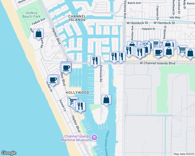 map of restaurants, bars, coffee shops, grocery stores, and more near 2901 Peninsula Road in Oxnard