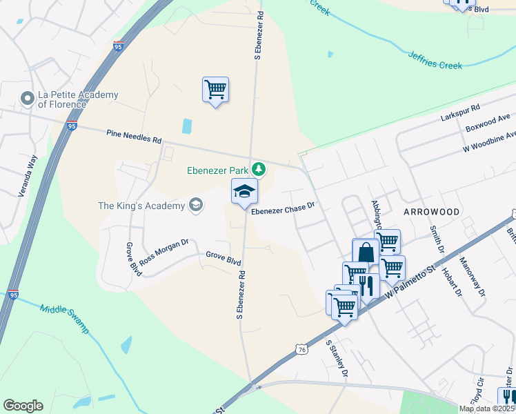map of restaurants, bars, coffee shops, grocery stores, and more near 1012 South Ebenezer Road in Florence