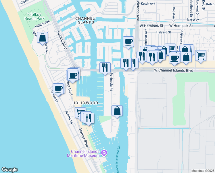 map of restaurants, bars, coffee shops, grocery stores, and more near in Oxnard