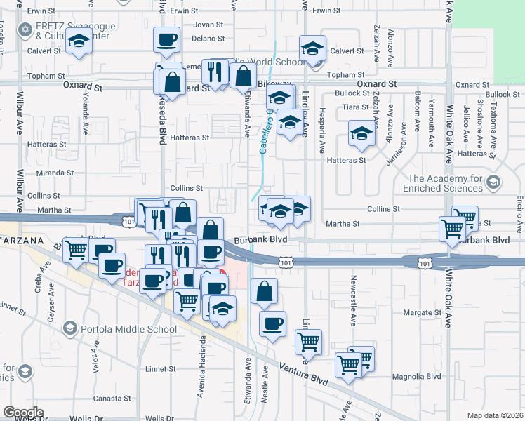 map of restaurants, bars, coffee shops, grocery stores, and more near 5642 Etiwanda Avenue in Los Angeles