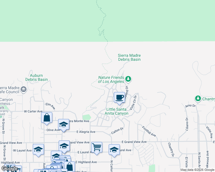map of restaurants, bars, coffee shops, grocery stores, and more near 800 Skyland Drive in Sierra Madre