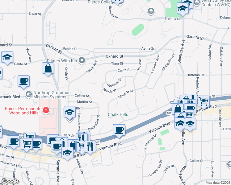map of restaurants, bars, coffee shops, grocery stores, and more near 20524 Rhoda Street in Los Angeles