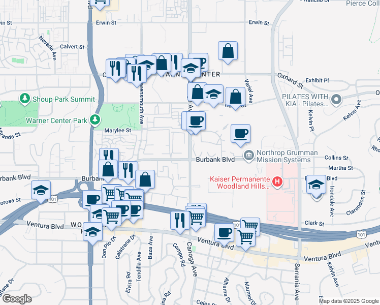 map of restaurants, bars, coffee shops, grocery stores, and more near 5727 Canoga Avenue in Los Angeles