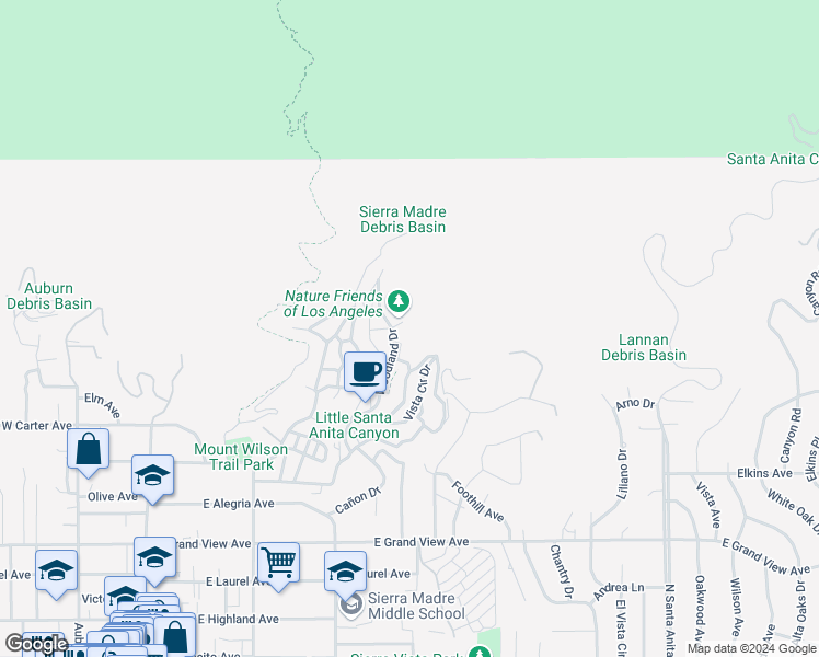 map of restaurants, bars, coffee shops, grocery stores, and more near 423 Yucca Trail in Sierra Madre