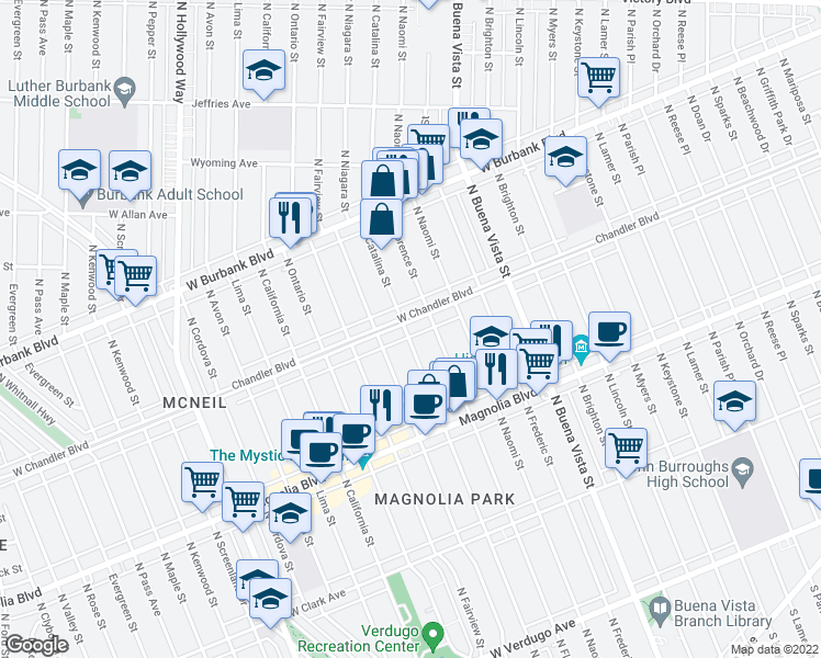 map of restaurants, bars, coffee shops, grocery stores, and more near 1040 North Catalina Street in Burbank