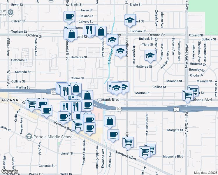 map of restaurants, bars, coffee shops, grocery stores, and more near 5642 Etiwanda Avenue in Los Angeles
